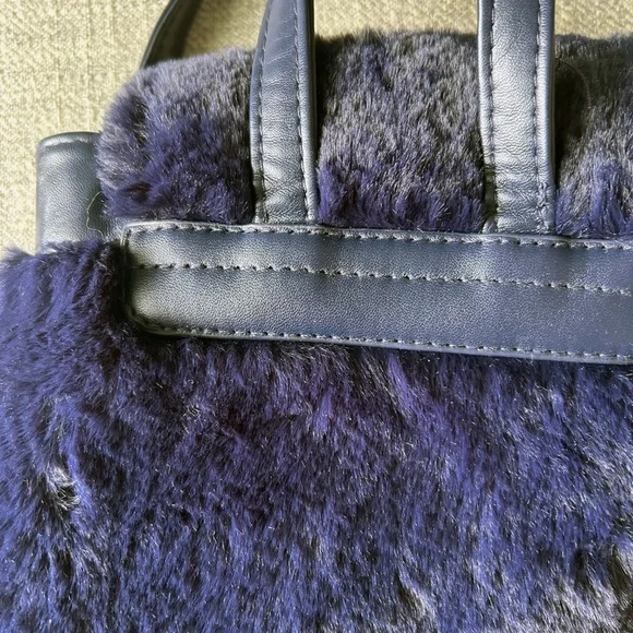 Swarovski faux fur mini backpack purse handbag, dark blue, adjustable straps - Picture 5 of 8